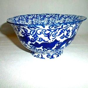Attingham for Anthropologie Footed Stoneware Blue White Floral Fox Bowl 6"